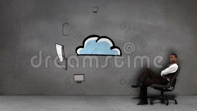 商人坐在环绕云的动画电子设备前